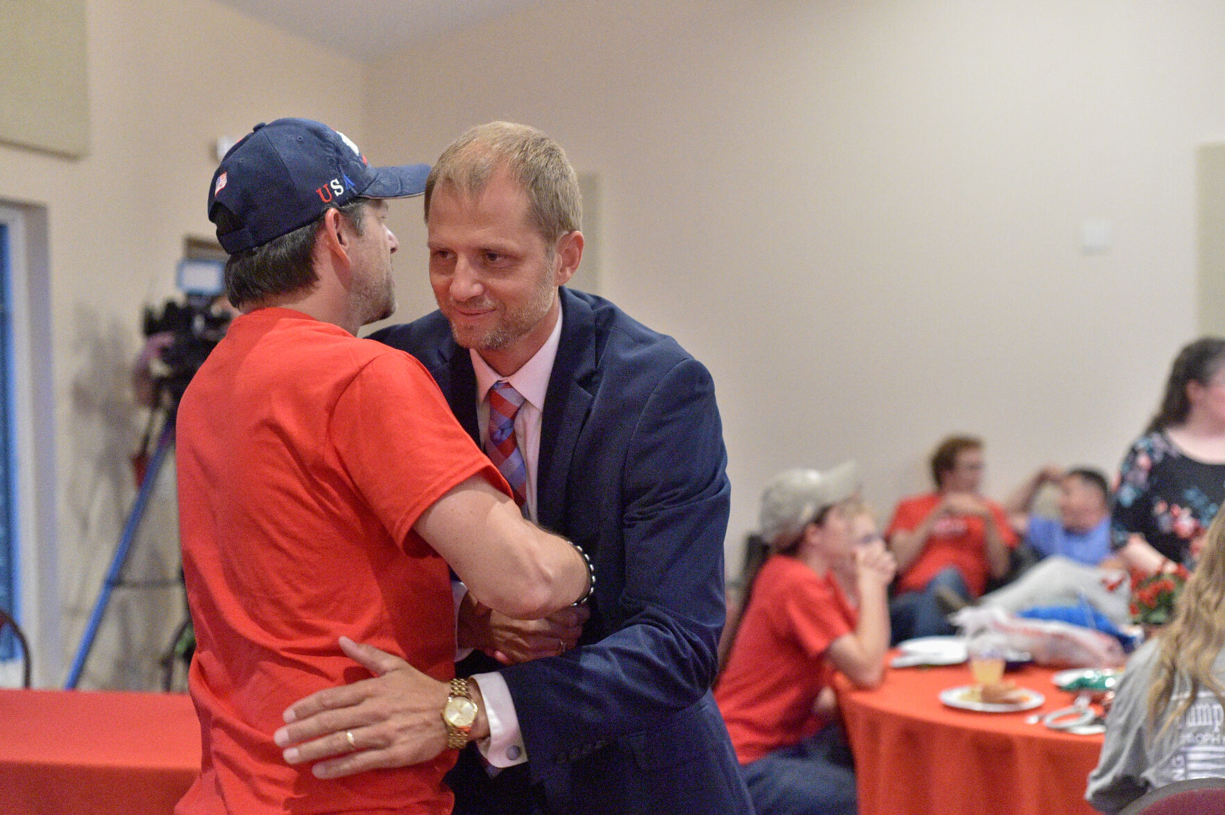Adam Steen embraces a supporter